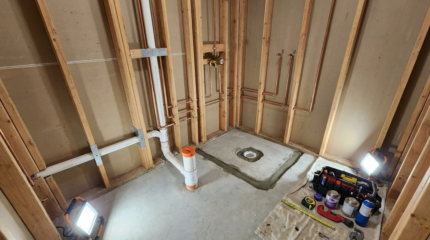 Bathroom rough-in plumbing during remodel by Johns Plumbing LLC in Grand Junction