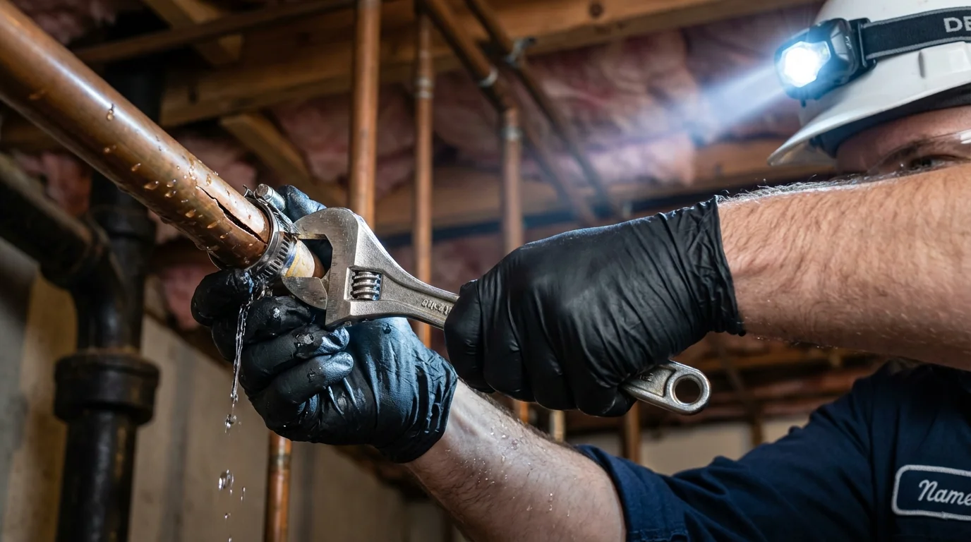 Emergency pipe clamp repair being performed by a Johns Plumbing LLC plumber in Grand Junction